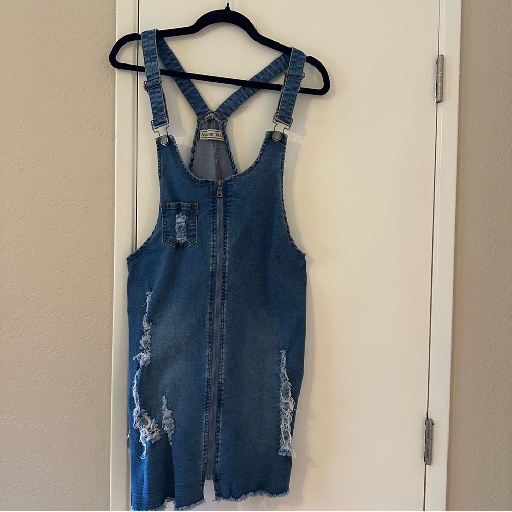 Mini Dress - Juniors Large- Zipper Front/ Denim Distressed Details - Picture 2 of 10